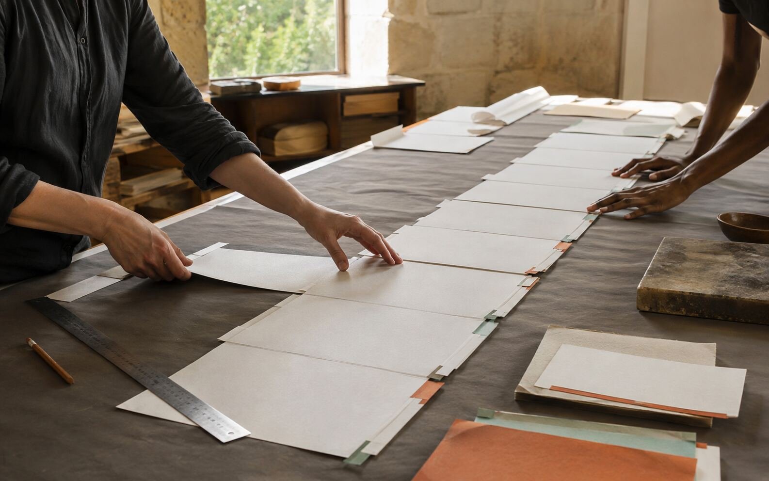 Two pairs of hands arranging a long sequence of blank paper modules across a studio table