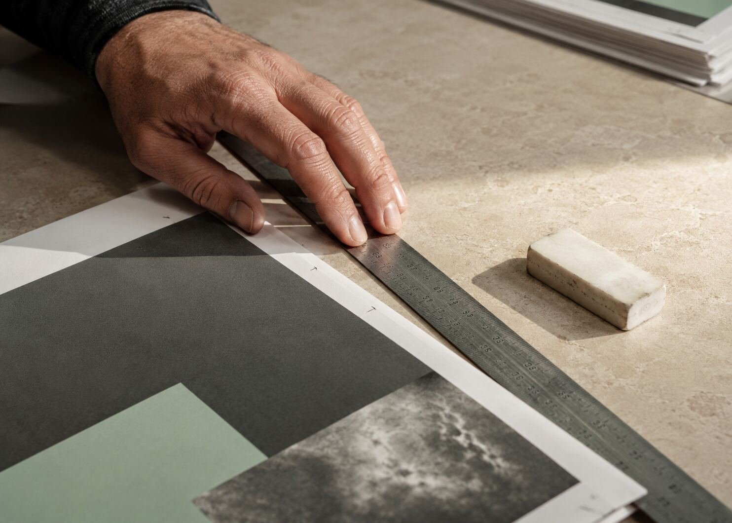 Hand aligning a revised printed page proof with a metal ruler on a limestone desk